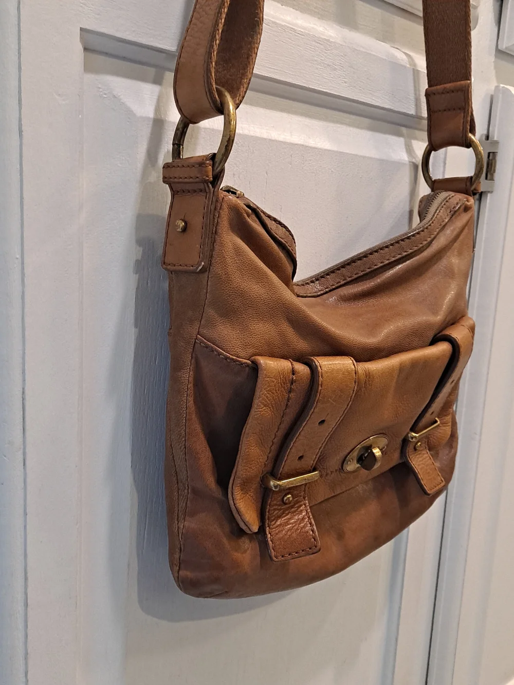 Fossil Cognac Brown Cowhide Lambhide Leather Satchel Front Buckle Flap Brass